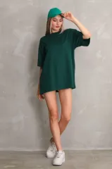 Unisex Bisiklet Yaka 20/1 Düz Oversize T-Shirt - Yeşil