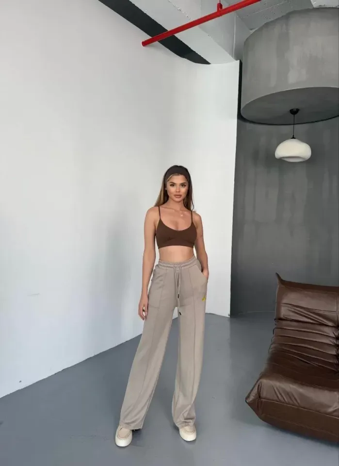 Osy Modal Yumuşak Dokulu Kumaş Nakış işlemeli Rahat Bol Paça Eşofman Pantalon - Bej