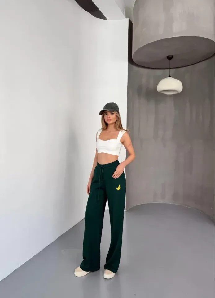 Osy Modal Yumuşak Dokulu Kumaş Nakış işlemeli Rahat Bol Paça Eşofman Pantalon - Yeşil