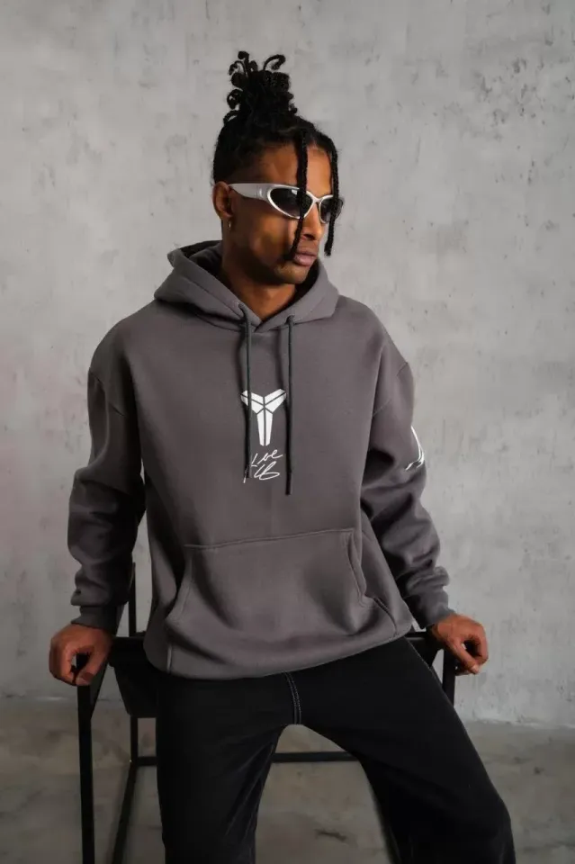Erkek Baskılı Kapüşonlu Sweat - Gri