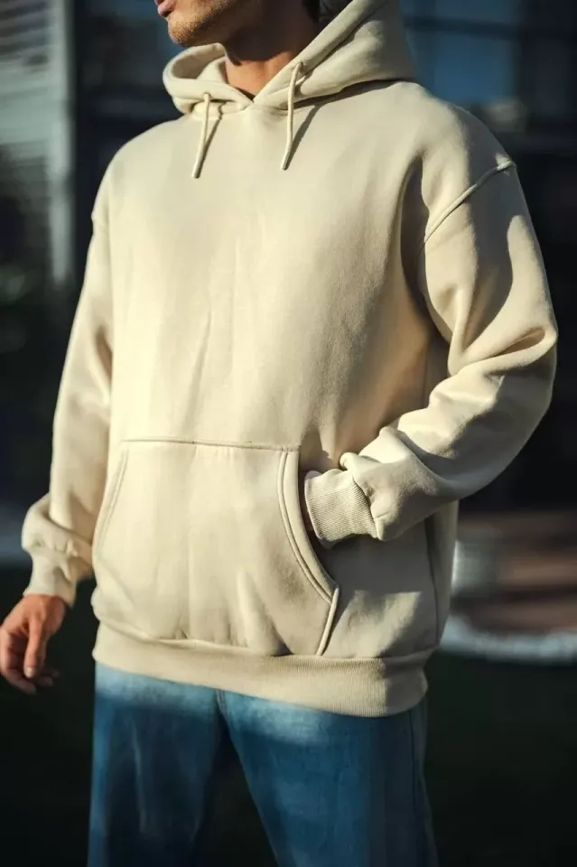 Üç İplik Penye kapüşonlu Basic SweatShirt - Bej