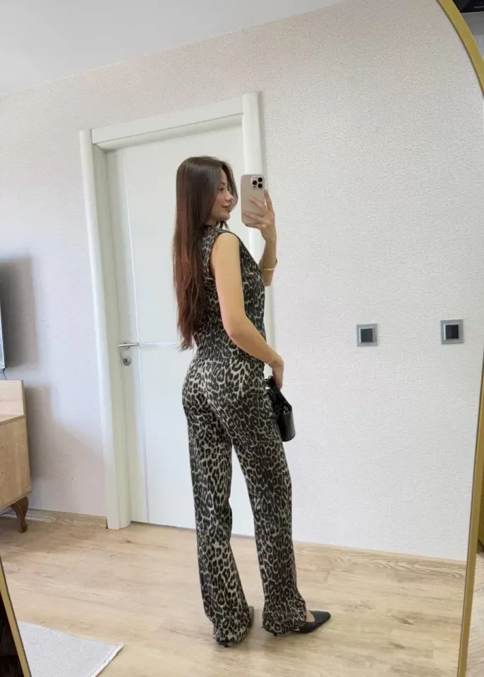 leopar desenli Düğmeli Bluzlu Pantolon İkili Takım -Leopar