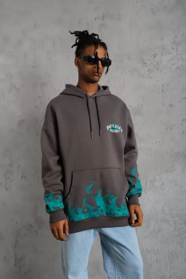 Erkek Üç İplik İçi Pamuklu Alev Baskılı Kapüşonlu Sweatshirt - Gri