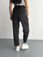 Tencel Kadın Yüksel Bel Beli Bağcıklı Rahat Cepli Boru Paça Pantalon - Siyah