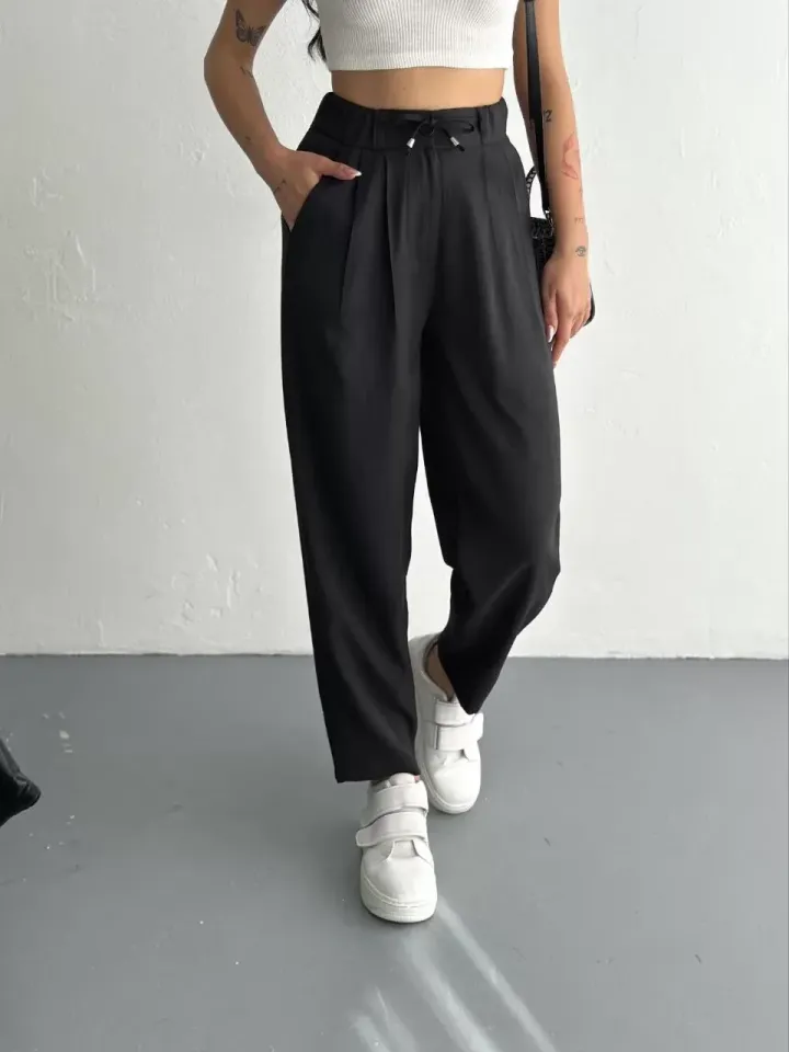 Tencel Kadın Yüksel Bel Beli Bağcıklı Rahat Cepli Boru Paça Pantalon - Siyah