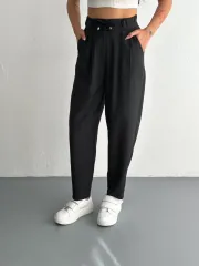 Tencel Kadın Yüksel Bel Beli Bağcıklı Rahat Cepli Boru Paça Pantalon - Siyah
