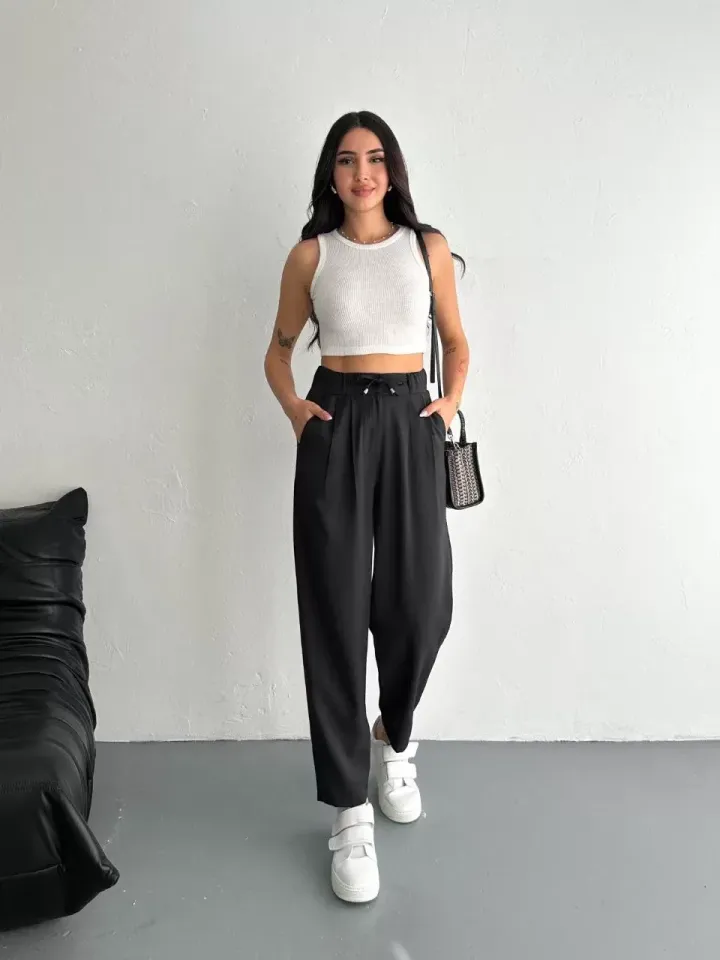 Tencel Kadın Yüksel Bel Beli Bağcıklı Rahat Cepli Boru Paça Pantalon - Siyah