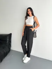 Tencel Kadın Yüksel Bel Beli Bağcıklı Rahat Cepli Boru Paça Pantalon - Siyah
