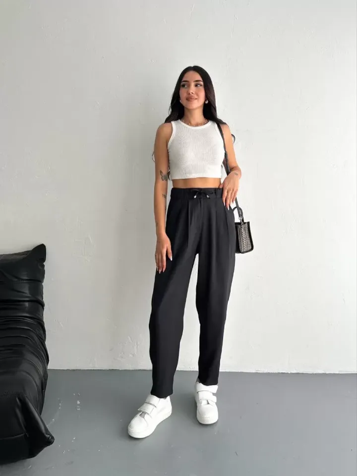 Tencel Kadın Yüksel Bel Beli Bağcıklı Rahat Cepli Boru Paça Pantalon - Siyah