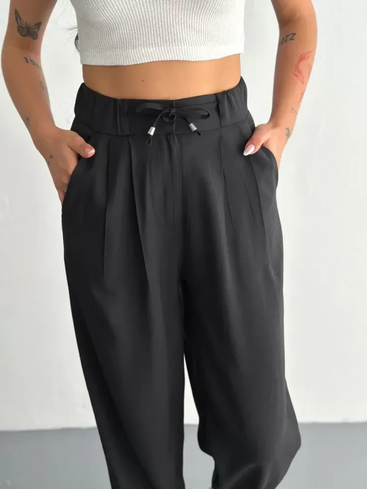 Tencel Kadın Yüksel Bel Beli Bağcıklı Rahat Cepli Boru Paça Pantalon - Siyah