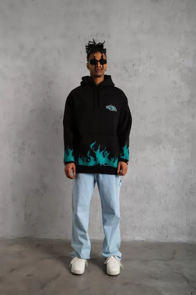 Erkek Üç İplik İçi Pamuklu Alev Baskılı Kapüşonlu Sweatshirt - Siyah