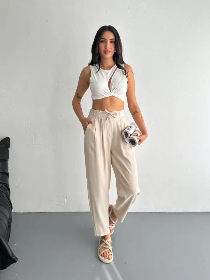 Tencel Kadın Yüksel Bel Beli Bağcıklı Rahat Boru Paça Pantalon - Kırık Beyaz
