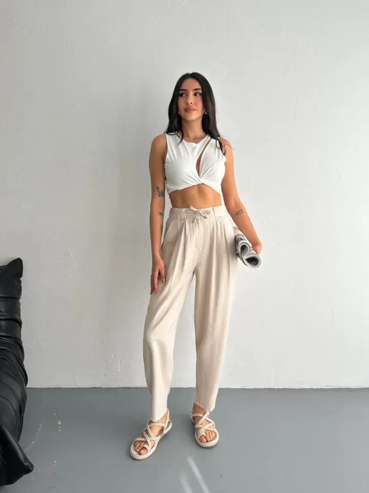 Tencel Kadın Yüksel Bel Beli Bağcıklı Rahat Boru Paça Pantalon - Kırık Beyaz