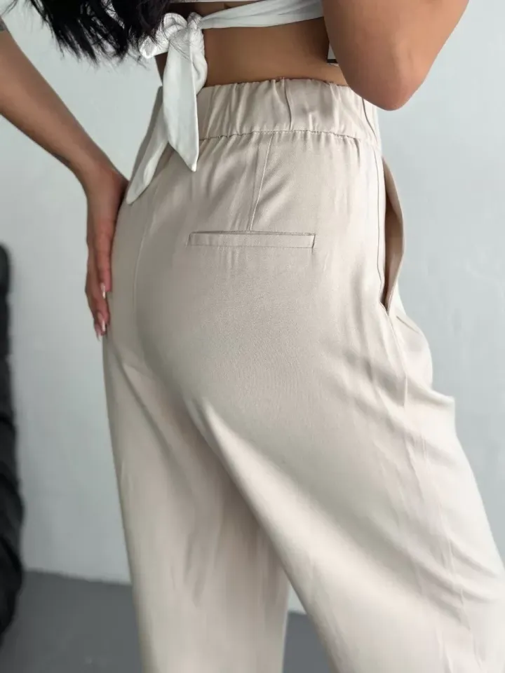 Tencel Kadın Yüksel Bel Beli Bağcıklı Rahat Boru Paça Pantalon - Kırık Beyaz