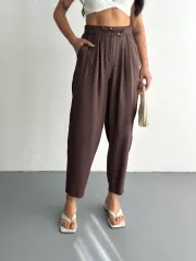 Tencel Kadın Yüksel Bel Rahat Boru Paça Pantalon - Kahverengi