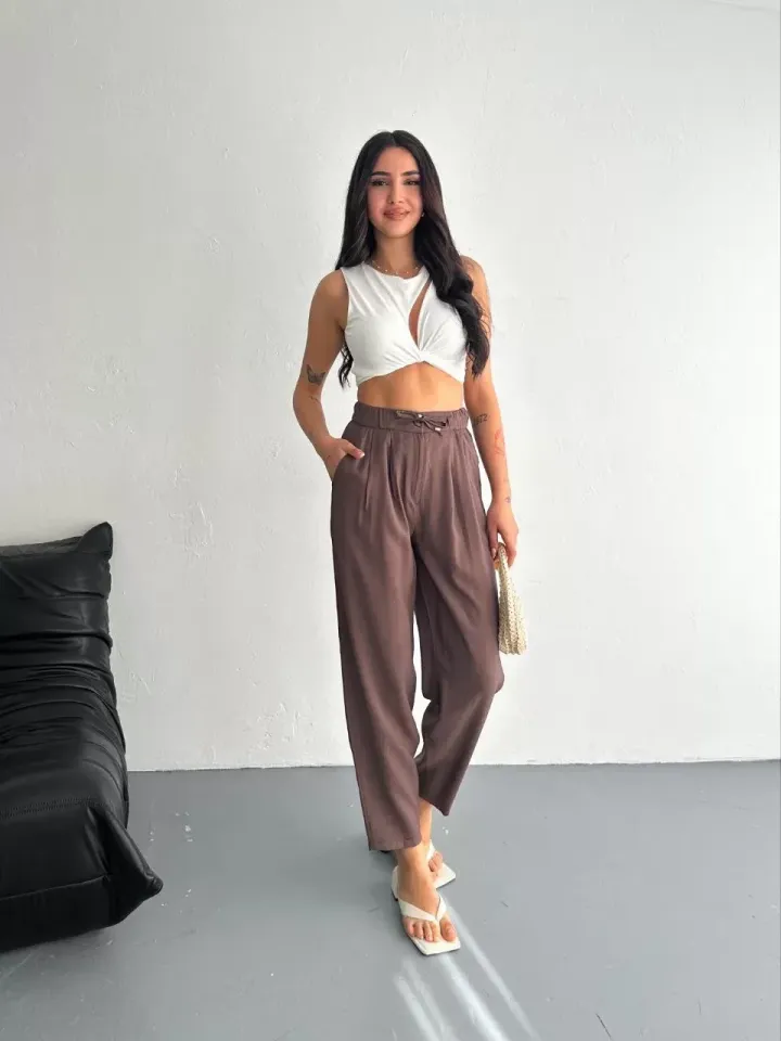 Tencel Kadın Yüksel Bel Rahat Boru Paça Pantalon - Kahverengi