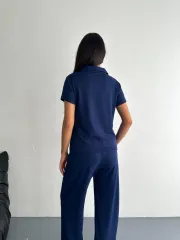 Osy Modal Yumuşak Dokulu Kumaş Kısa Kollu Yakalı T-shirt Pantalon ikili Takım- Lacivert
