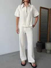 Keten Tam Fermuarlı Kısa kollu Gömlek Pantolon ikili Takım - Beyaz