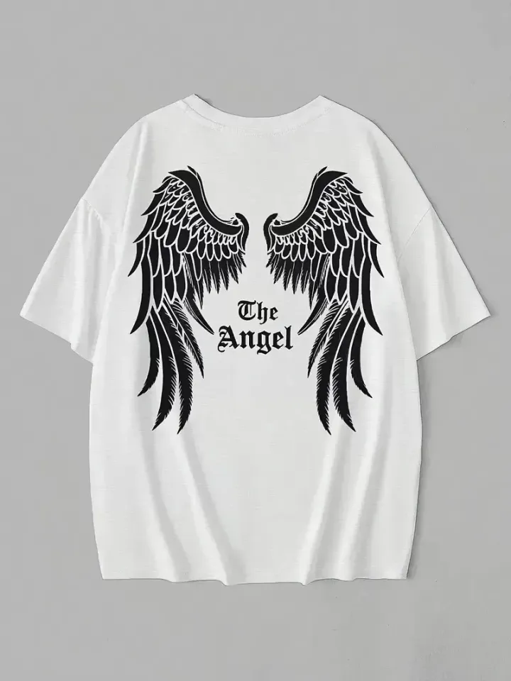 20/1 Penye Compack Dark Angel Baskılı Oversize Kısa Kol Yazlık T-shirt- Beyaz