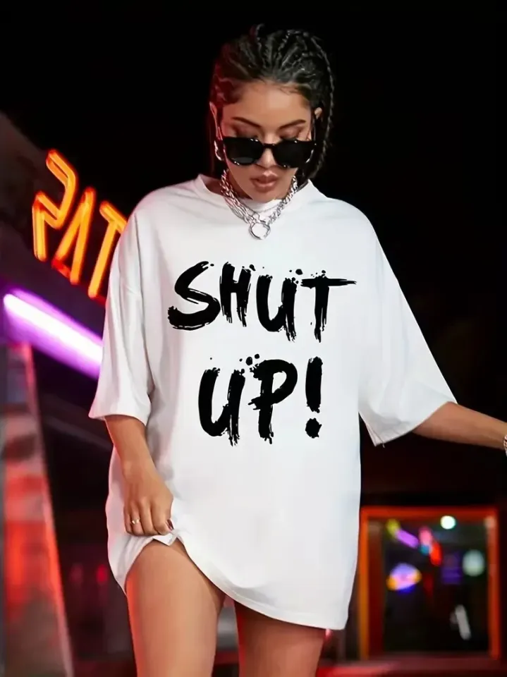 20/1 Penye Compack Oversize Beyaz Shut Up Kısa Kol Yazlık Tişört - Beyaz