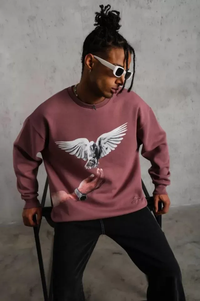 Erkek Güvercin Baskılı Sweatshirt - Gül Kurusu