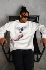 Erkek Güvercin Baskılı Sweatshirt - Beyaz
