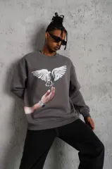 Erkek Güvercin Baskılı Sweatshirt - Gri