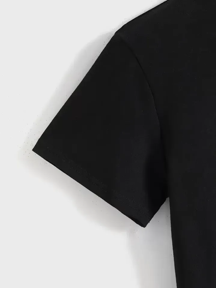 20/1 Penye Compack Baskılı Oversize Kısa Kol Bisiklet Yaka T-shirt - Siyah