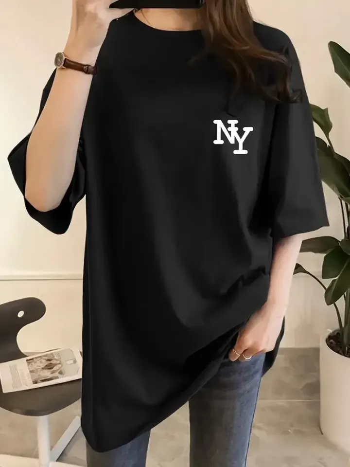 Kadın Eğlenceli Harf NY Baskılı Bisiklet Yaka Tişört - Rahat Polyester, Makinede Yıkanabilir - Yaz ve Fitness için Mükemmel, Yuvarlak Yaka - Siyah