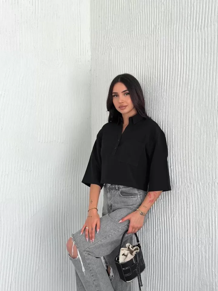 Z Krep Kadın Crop Yakalı Gömlek İlik Düğmeli Üç Çeyrek Sleeve Kol - Siyah