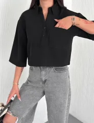 Z Krep Kadın Crop Yakalı Gömlek İlik Düğmeli Üç Çeyrek Sleeve Kol - Siyah