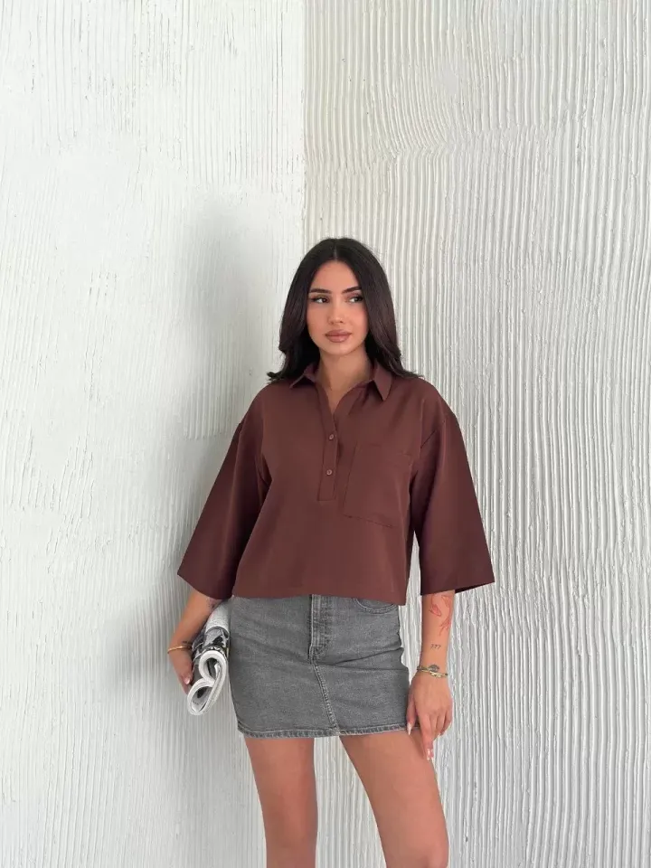 Z Krep Kadın Crop Yakalı Gömlek İlik Düğmeli Üç Çeyrek Sleeve Kol - Kahverengi