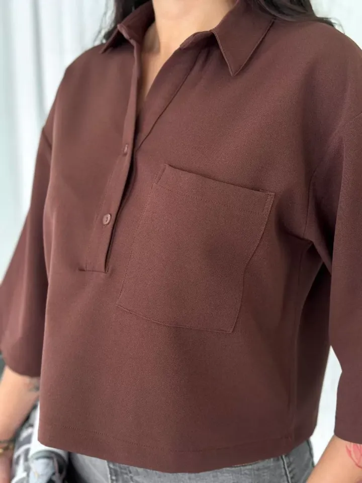 Z Krep Kadın Crop Yakalı Gömlek İlik Düğmeli Üç Çeyrek Sleeve Kol - Kahverengi