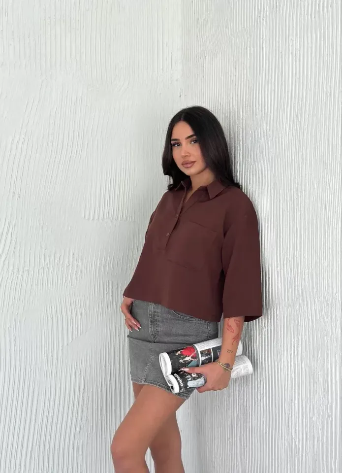 Z Krep Kadın Crop Yakalı Gömlek İlik Düğmeli Üç Çeyrek Sleeve Kol - Kahverengi