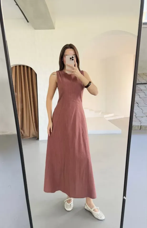 Keten Kolsuz Uzun Sırtı Kapalı Bisiklet Yaka Elbise - Gül Kurusu