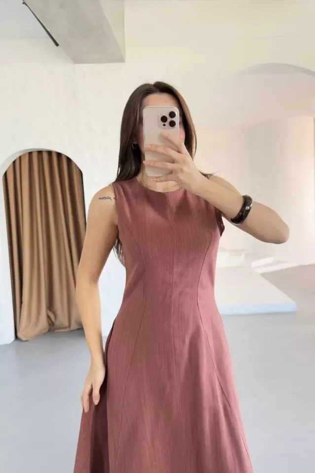 Keten Kolsuz Uzun Sırtı Kapalı Bisiklet Yaka Elbise - Gül Kurusu