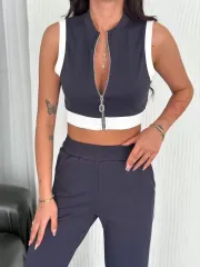 Osy Modal Yumuşak Dokulu Kumaş Tam Fermuarlı Crop Pantalon İkili Takım - Antrasit