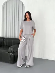 Osy Modal Yumuşak Dokulu Kumaş Bisiklet Yaka T-shirt Bol paça Pantalon ikili Takım - Boyalı Gri