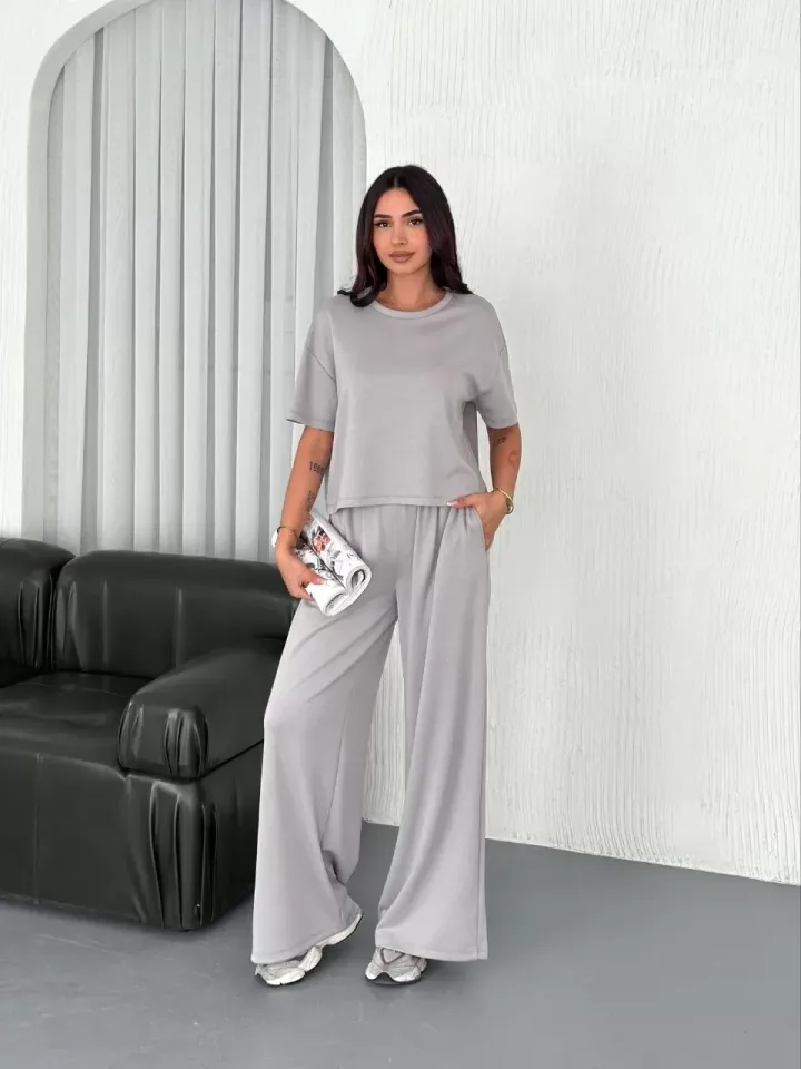 Osy Modal Yumuşak Dokulu Kumaş Bisiklet Yaka T-shirt Bol paça Pantalon ikili Takım - Boyalı Gri