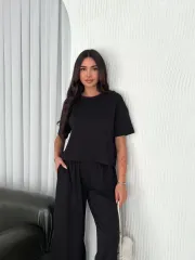Osy Modal Yumuşak Dokulu Kumaş Bisiklet Yaka T-shirt Bol paça Pantalon ikili Takım -Siyah