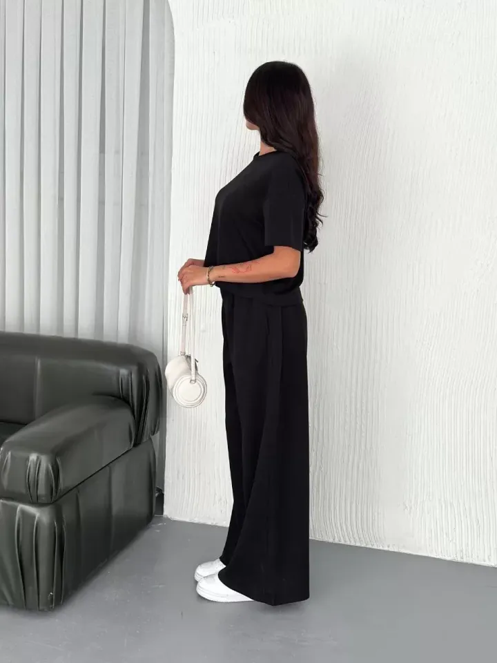 Osy Modal Yumuşak Dokulu Kumaş Bisiklet Yaka T-shirt Bol paça Pantalon ikili Takım -Siyah