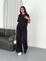 Osy Modal Yumuşak Dokulu Kumaş Bisiklet Yaka T-shirt Bol paça Pantalon ikili Takım -Siyah