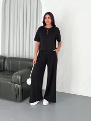 Osy Modal Yumuşak Dokulu Kumaş Bisiklet Yaka T-shirt Bol paça Pantalon ikili Takım -Siyah