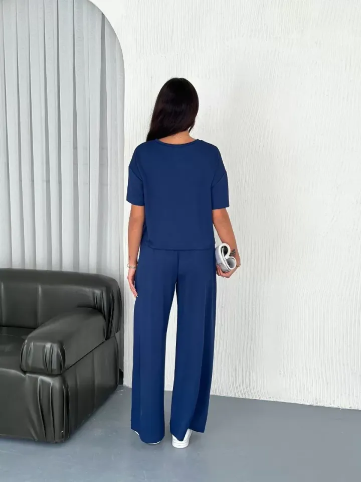Osy Modal Yumuşak Dokulu Kumaş Bisiklet Yaka T-shirt Bol paça Pantalon ikili Takım -Saks Mavi