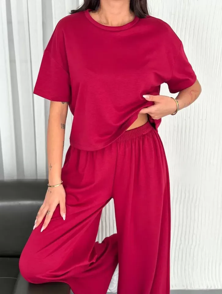 Osy Modal Yumuşak Dokulu Kumaş Bisiklet Yaka T-shirt Bol paça Pantalon ikili Takım -Bordo