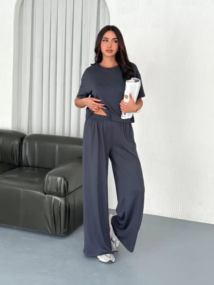 Osy Modal Yumuşak Dokulu Kumaş Bisiklet Yaka T-shirt Bol paça Pantalon ikili Takım -Antrasit