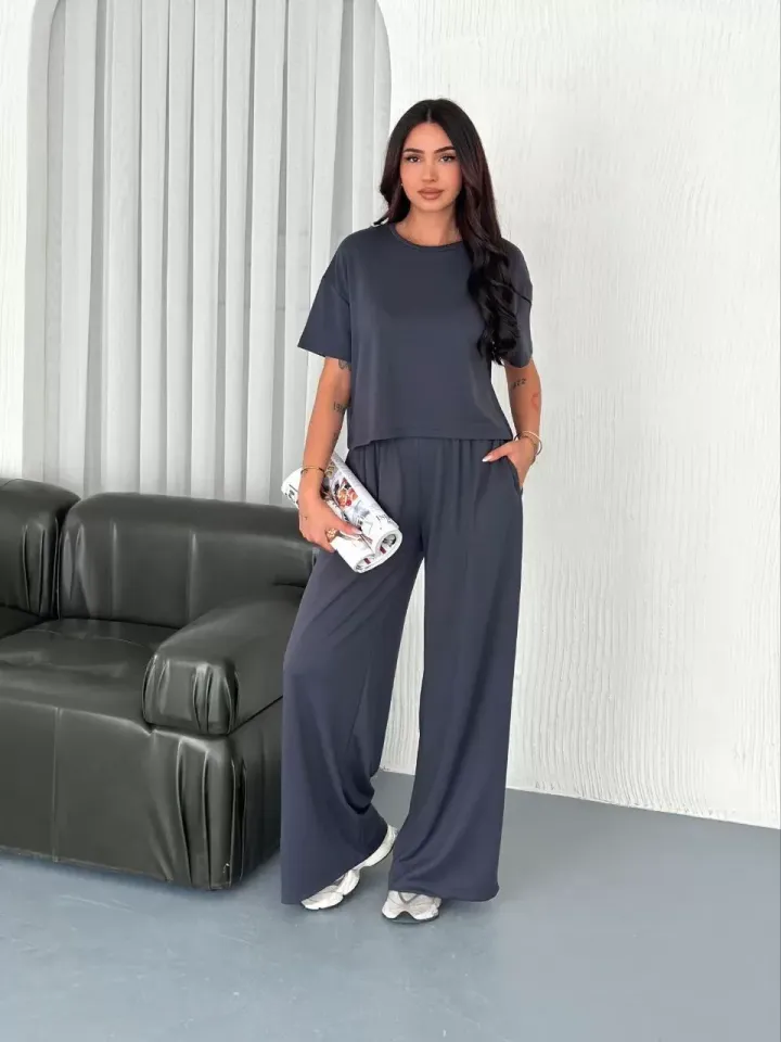 Osy Modal Yumuşak Dokulu Kumaş Bisiklet Yaka T-shirt Bol paça Pantalon ikili Takım -Antrasit