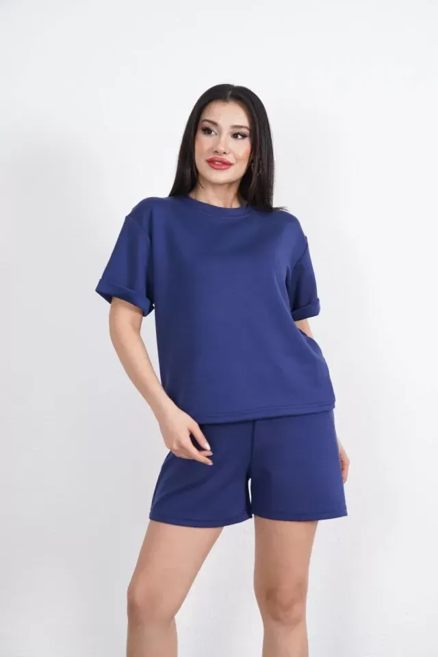 Osy Modal yumuşak dokulu Kumaş Kadın Bisiklet Yaka T-shirt Kısa Şort İkili Takım - Mavi