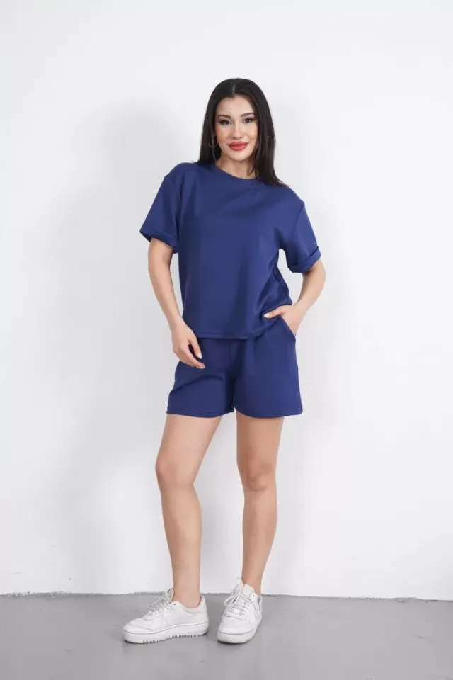 Osy Modal yumuşak dokulu Kumaş Kadın Bisiklet Yaka T-shirt Kısa Şort İkili Takım - Mavi