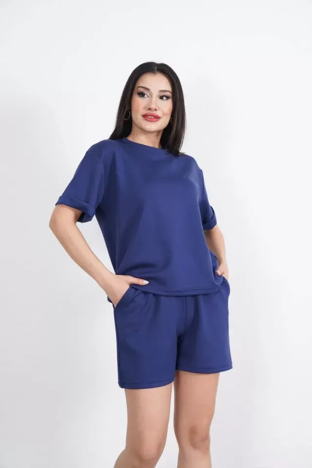 Osy Modal yumuşak dokulu Kumaş Kadın Bisiklet Yaka T-shirt Kısa Şort İkili Takım - Mavi